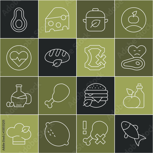 Set line Fish, Apple cider vinegar in bottle, Steak meat, Vegan food diet, bread loaf, Heart rate, Avocado fruit and No leather icon. Vector