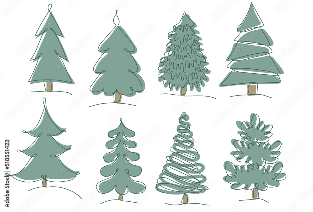 Christmas trees one line art illustration. Set of christmas vector decorations