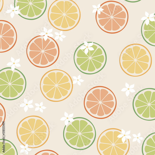 Retro pattern with fruits. Citrus texture. Orange, lime, lemon. Summer. 90s 80s 70s groovy posters. Modern trendy vintage print. Set of seamless patterns, compozitions, colored background. Vector