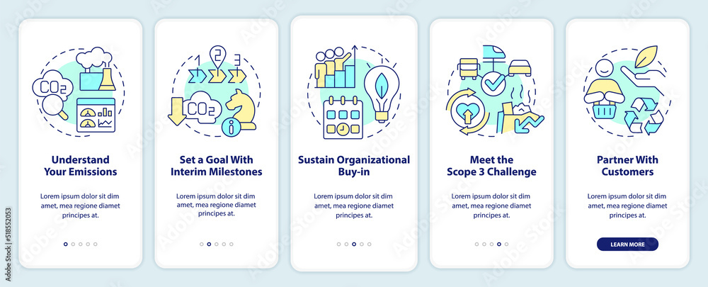 Change to net zero onboarding mobile app screen. Reduce emissions walkthrough 5 steps editable graphic instructions with linear concepts. UI, UX, GUI template. Myriad Pro-Bold, Regular fonts used