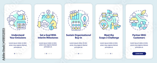 Change to net zero onboarding mobile app screen. Reduce emissions walkthrough 5 steps editable graphic instructions with linear concepts. UI, UX, GUI template. Myriad Pro-Bold, Regular fonts used