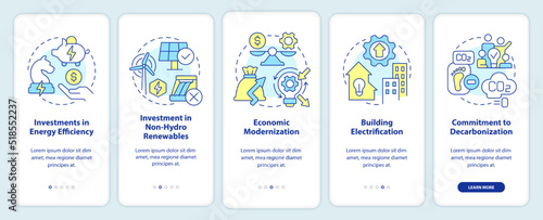 Net zero practices onboarding mobile app screen. Organization walkthrough 5 steps editable graphic instructions with linear concepts. UI, UX, GUI template. Myriad Pro-Bold, Regular fonts used