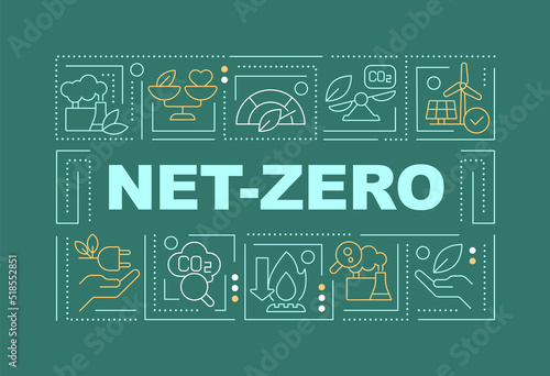 Net zero word concepts dark green banner. Decarbonization. Infographics with editable icons on color background. Isolated typography. Vector illustration with text. Arial-Black font used