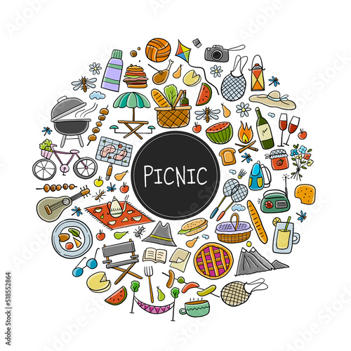 Picnic day. Outdoor relax design elements - Basket, drinks, food, game, sport. Circle frame. Vector illustration