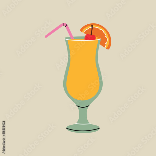 Summer cocktail, drink element in flat line style. Hand drawn vector illustration of summer, vacation, travel, trip, beach cartoon design. Vintage natural patch, badge, emblem, logo, decoration.