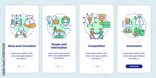 Wider farming business environment onboarding mobile app screen. Walkthrough 4 steps editable graphic instructions with linear concepts. UI, UX, GUI template. Myriad Pro-Bold, Regular fonts used