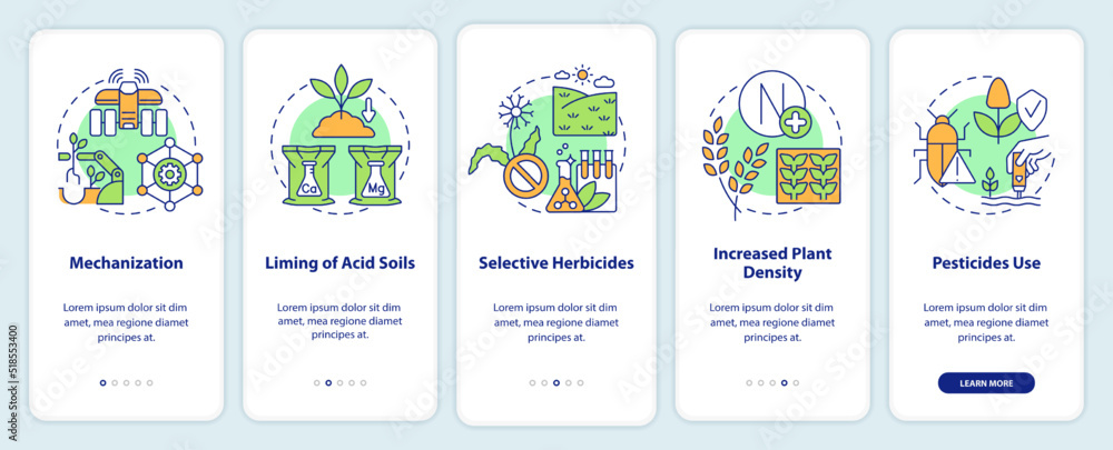 Sources of agricultural productivity onboarding mobile app screen. Walkthrough 5 steps editable graphic instructions with linear concepts. UI, UX, GUI template. Myriad Pro-Bold, Regular fonts used
