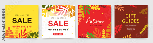 Autumn square backgrounds with simple leaves. Season sale social media post. Vector illustration for mobile apps, banner design, card, invitation, poster and web ads