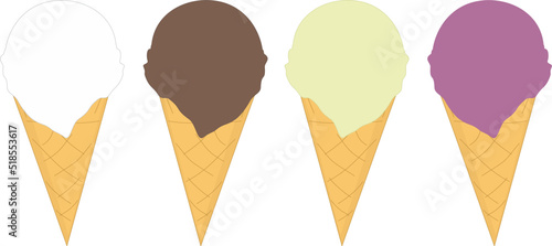 Ice cream vector illustration. Ice cream in a waffle cone. White. Chocolate. Pistachio. Fruit.