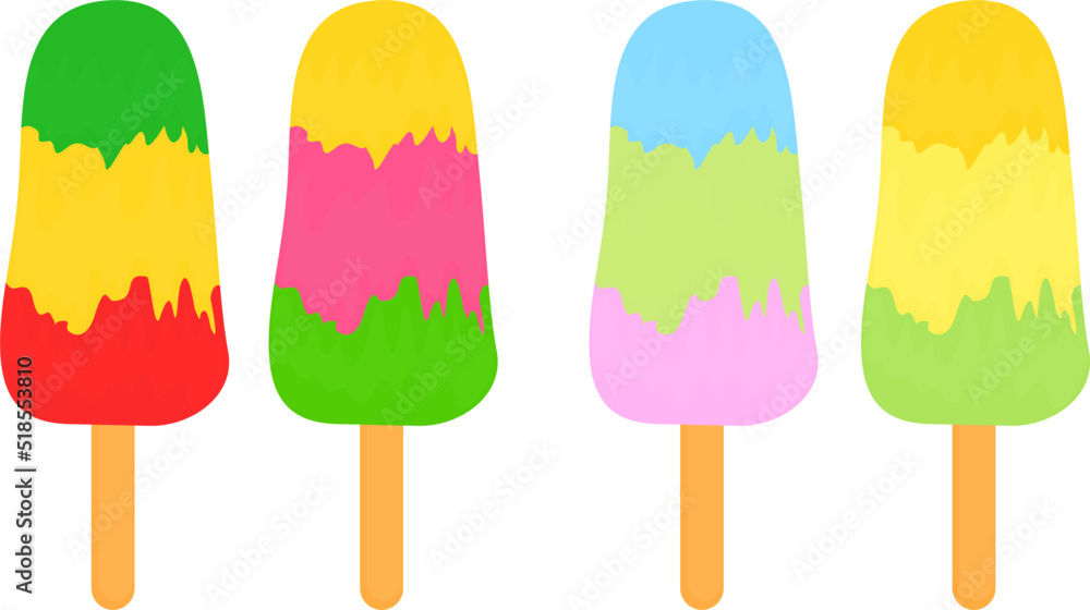 Summer dessert. Frozen juice, fruit ice. Frozen summer dessert. Ice on a wooden stick. Refreshing vector illustration Summer dessert. Frozen juice, fruit ice. Frozen summer dessert. Ice on a wooden stick. Refreshing vector illustration