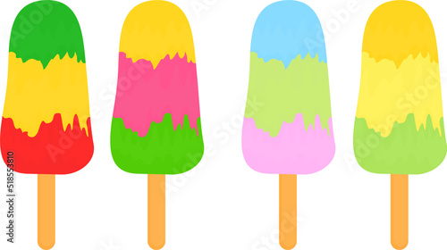Summer dessert. Frozen juice, fruit ice. Frozen summer dessert. Ice on a wooden stick. Refreshing vector illustration