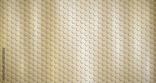 Abstract metallic background in golden colors with highlights and a small voluminous convex hexagonal plates