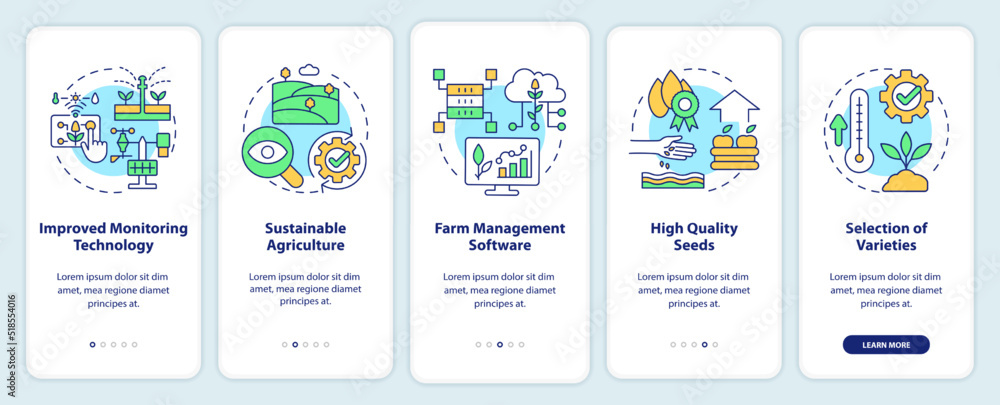 Increasing agribusiness productivity onboarding mobile app screen. Walkthrough 5 steps editable graphic instructions with linear concepts. UI, UX, GUI template. Myriad Pro-Bold, Regular fonts used