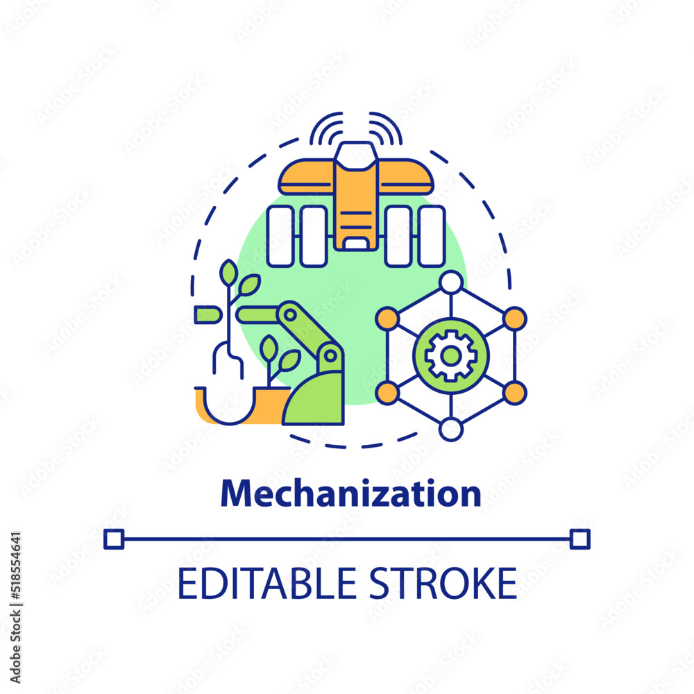 Mechanization concept icon. Farm automation. Source of agricultural productivity abstract idea thin line illustration. Isolated outline drawing. Editable stroke. Arial, Myriad Pro-Bold fonts used