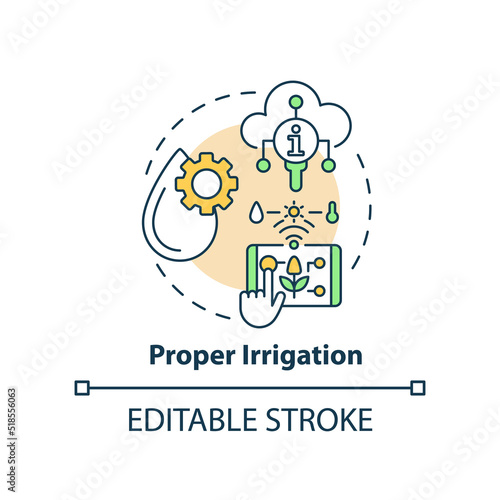 Proper irrigation concept icon. Automated watering system. Increased crop yield abstract idea thin line illustration. Isolated outline drawing. Editable stroke. Arial, Myriad Pro-Bold fonts used