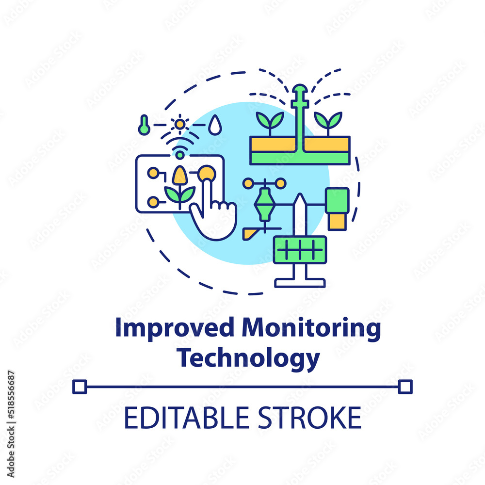 Improved monitoring technology concept icon. Increasing farming productivity abstract idea thin line illustration. Isolated outline drawing. Editable stroke. Arial, Myriad Pro-Bold fonts used