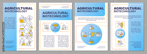 Agricultural biotechnology blue brochure template. Leaflet design with linear icons. Editable 4 vector layouts for presentation, annual reports. Arial-Black, Myriad Pro-Regular fonts used