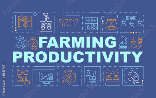 Farming productivity word concepts dark blue banner. Agribusiness. Infographics with editable icons on color background. Isolated typography. Vector illustration with text. Arial-Black font used