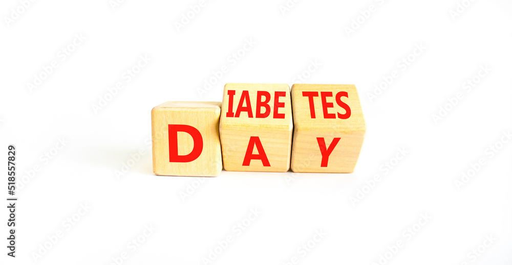 Diabetes day symbol. Concept words Diabetes day on wooden cubes. Beautiful white table white background. Medical and Diabetes day concept. Copy space. Diabetes day symbol. Concept words Diabetes day on wooden cubes. Beautiful white table white background. Medical and Diabetes day concept. Copy space.