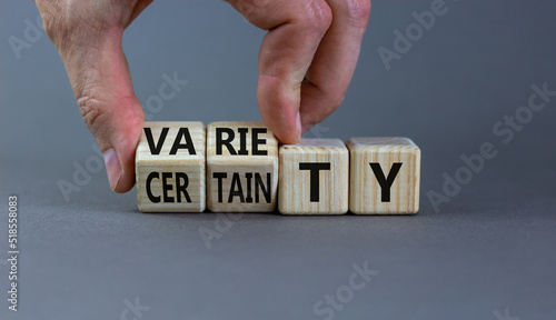 Variety or certainty symbol. Concept words Variety or certainty on wooden cubes. Businessman hand. Beautiful grey table grey background. Business variety or certainty concept. Copy space.