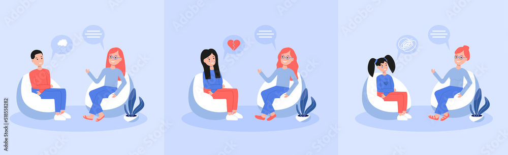 A person at a psychologist's appointment is in a bad mood flat vector illustration. Psychotherapist provides psychological assistance for broken heart, mental health, depression set A person at a psychologist's appointment is in a bad mood flat vector illustration. Psychotherapist provides psychological assistance for broken heart, mental health, depression set