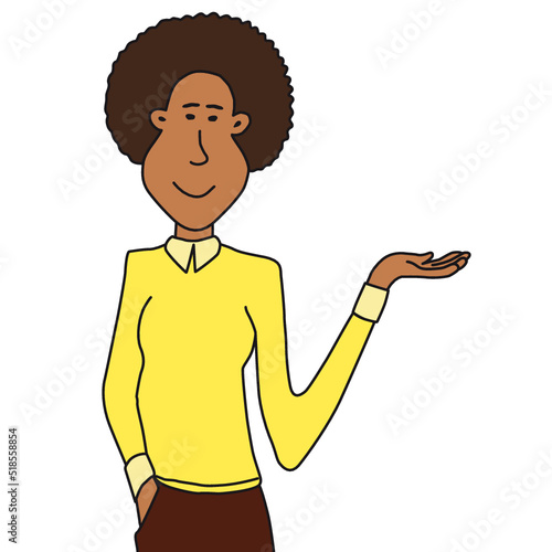 Black woman happy showing something with her hand