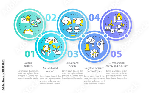 Global net zero goals circle infographic template. Carbon removal. Data visualization with 5 steps. Editable timeline info chart. Workflow layout with line icons. Myriad Pro-Regular font used