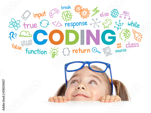 Beautiful cute little girl with eyeglasses looking at colorful CODING word, symbols and commands above her head.  Kid programmer learn coding . Programming languages concept.