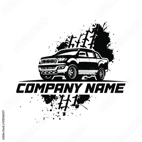 Vector logo of a double cabin pickup car with a wheel tread background, used for an automotive service company logo.