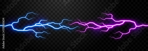 Vector lightning, lightning png, thunderstorm, lighting, flash. Blue and pink lightning. Natural phenomenon, light effect. PNG.