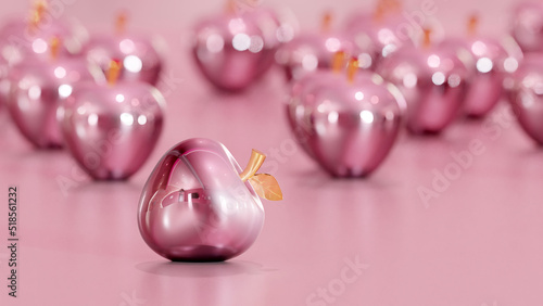 An pink artificial apple on pink floor with blur apple set background (3D Rendering)
