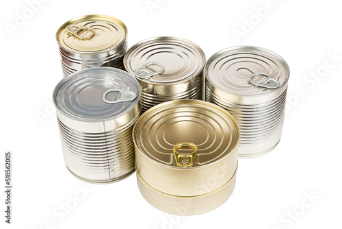 Aluminum cans from canned food on a white background. Metal tin.