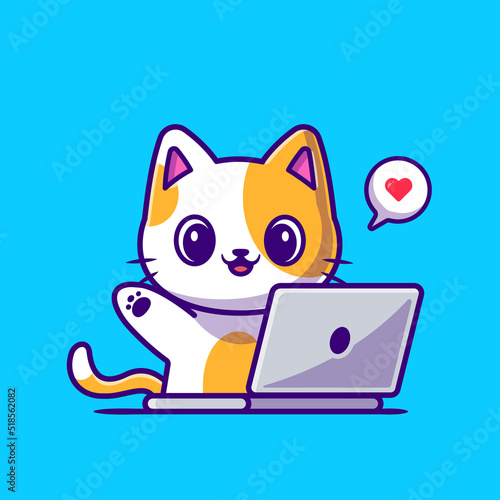 Cute Cat Working On Laptop Cartoon Vector Icon Illustration. 
Animal Technology Icon Concept Isolated Premium Vector. 
Flat Cartoon Style