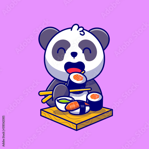 Cute Panda Eating Salmon Sushi With Chopsticks Cartoon 
Vector Icon Illustration. Animal Food Icon Concept Isolated 
Premium Vector. Flat Cartoon Style
