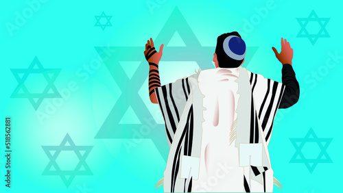 Jew with tefillin and kippah raising his hands praying with his gaze upward.