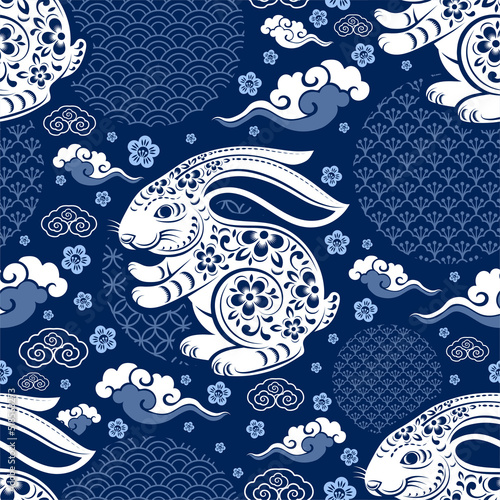 Seamless pattern with chinese new year 2023 or mid autumn festival zodiac year of the rabbit sign with asian elements.
