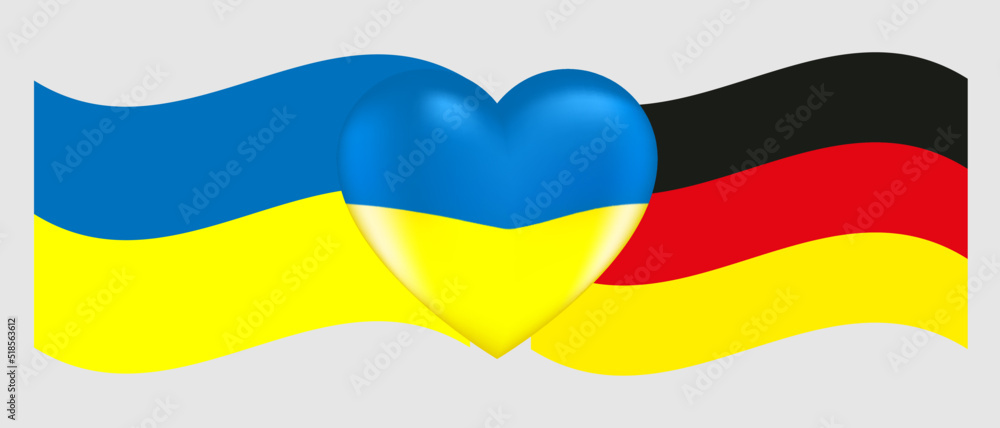 Obraz premium Vector drawing volume heart in the colors of the Ukrainian flag and flags of Ukraine and Germany flag