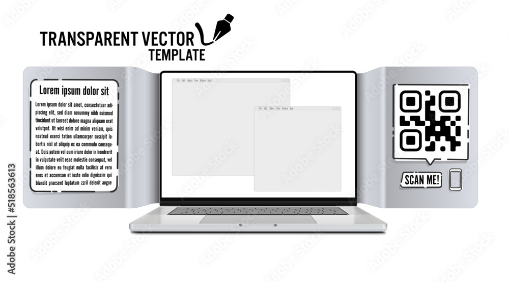 Vector laptop with a blank screen and a leaflet with bent ends and a place for a description for a mobile application or an online store website - template with a link in the form of qr code Vector laptop with a blank screen and a leaflet with bent ends and a place for a description for a mobile application or an online store website - template with a link in the form of qr code