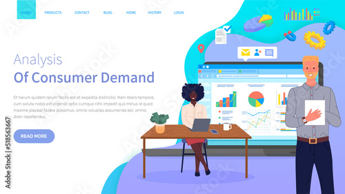 Analysis of consumer demand website template. Employees work with statistical indicators, analyze charts and graphs, make plan to attract customers. Landing page with marketing research statistics