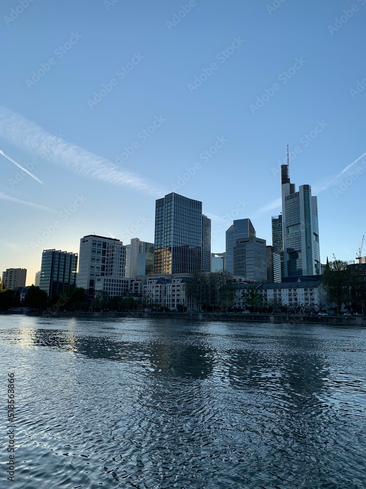 Fototapeta premium Skyline of Downtown Frankfurt. Skyscrapers and high rise buildings at business and financial district. Main river in front. Frankfurt am Main, Hesse, Germany