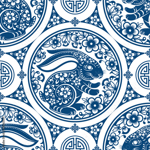 Seamless pattern with chinese new year 2023 or mid autumn festival zodiac year of the rabbit sign with asian elements.
