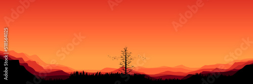 silhouette of tree in the middle of mountain landscape vector illustration good for wallpaper  banner  background  backdrop  web  adventure  travel  and template