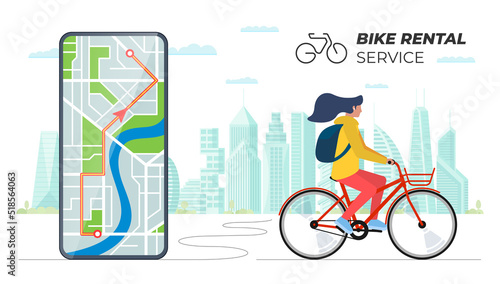 Woman rides rented bike against modern cityscape with smartphone bike rental mobile app on screen. Bicycle rent service banner. Public cycle transport sharing. Urban eco transport advertising concept