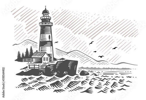 Landscape, sea, lighthouse. Hand drawn vector illustration