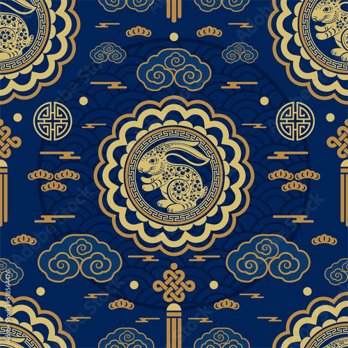 Seamless pattern with chinese new year 2023 or mid autumn festival zodiac year of the rabbit sign with asian elements.
