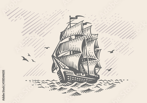 Sailing ship sketch. Old Fashioned Vintage