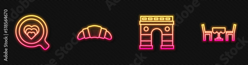 Set line Triumphal Arch, Coffee cup, Croissant and French cafe. Glowing neon icon. Vector