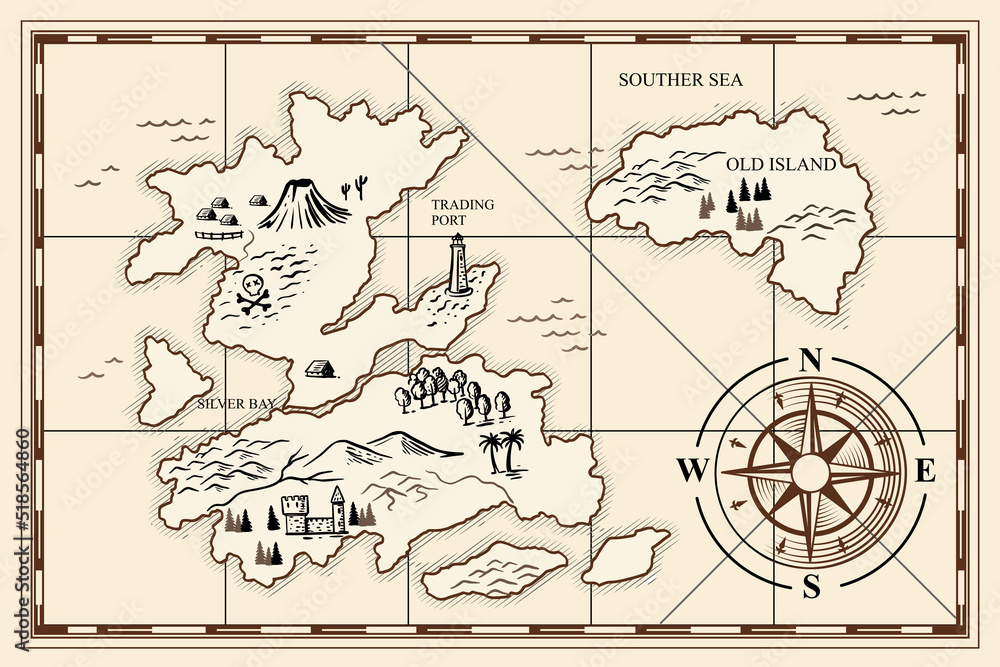 Old treasure map vector sketch with ships. Vintage style Stock Vector ...
