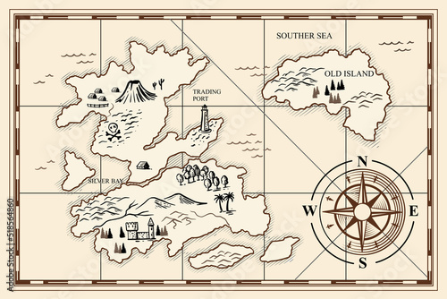 Old treasure map vector sketch with ships. Vintage style
