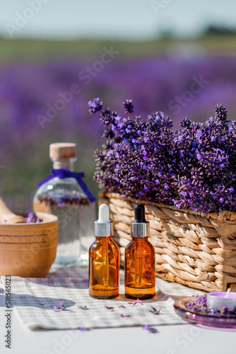 Dropper bottle with lavender cosmetic oil or hydrolate against lavender flowers field as background with copy space. Herbal cosmetics and modern apothecary concept